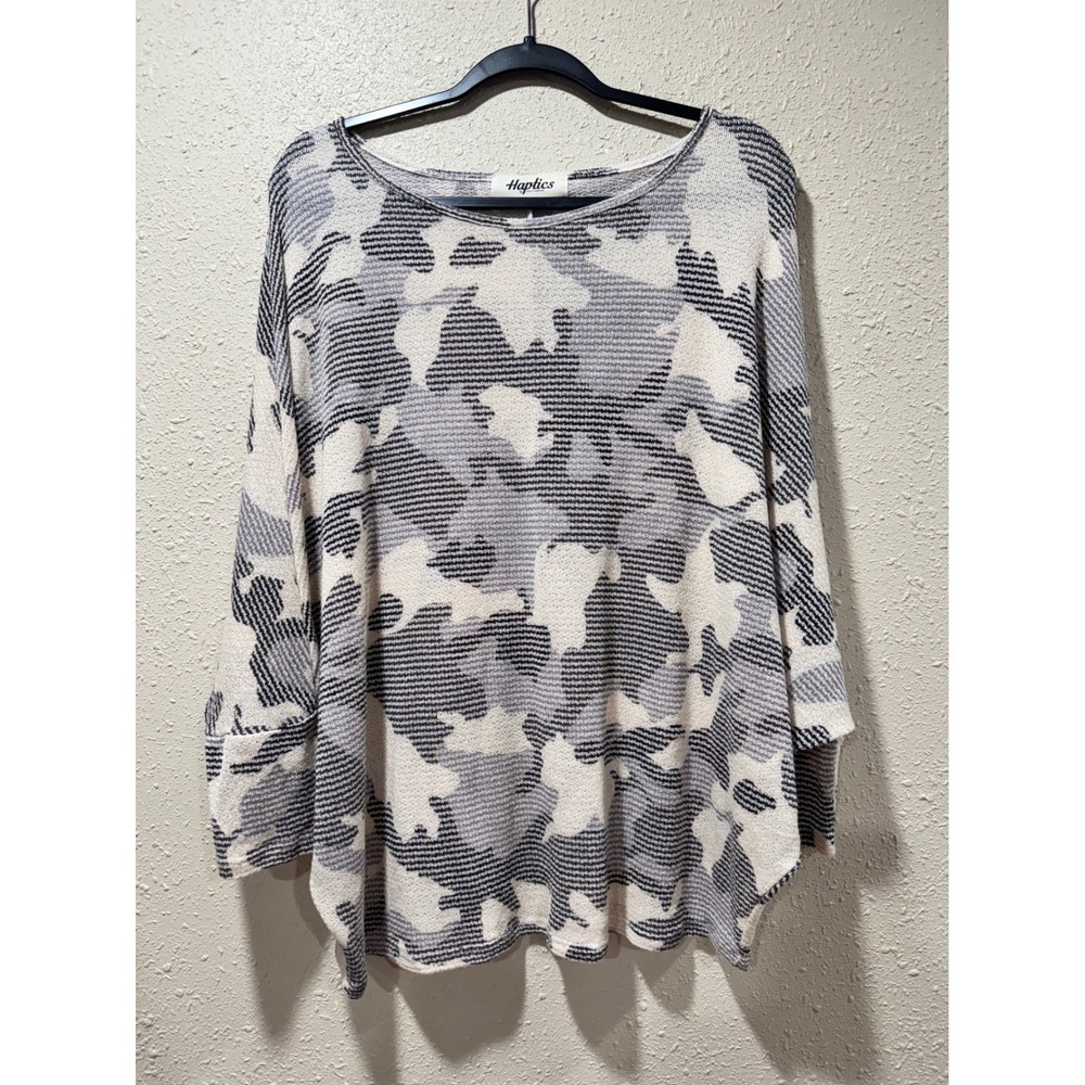 Haptics by Holly Harper Camo Abstract Knit Sweater Top Grey Cream Womens‎ Large